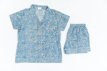Blue Floral Frills Pajama Set-Shorts