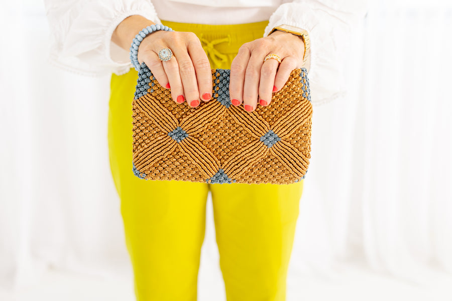 Handmade Macrame Clutch- Caramel and Dusty Blue