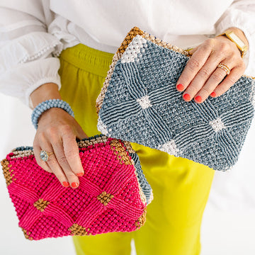 Handmade Macrame Clutch- Dusty Blue and White