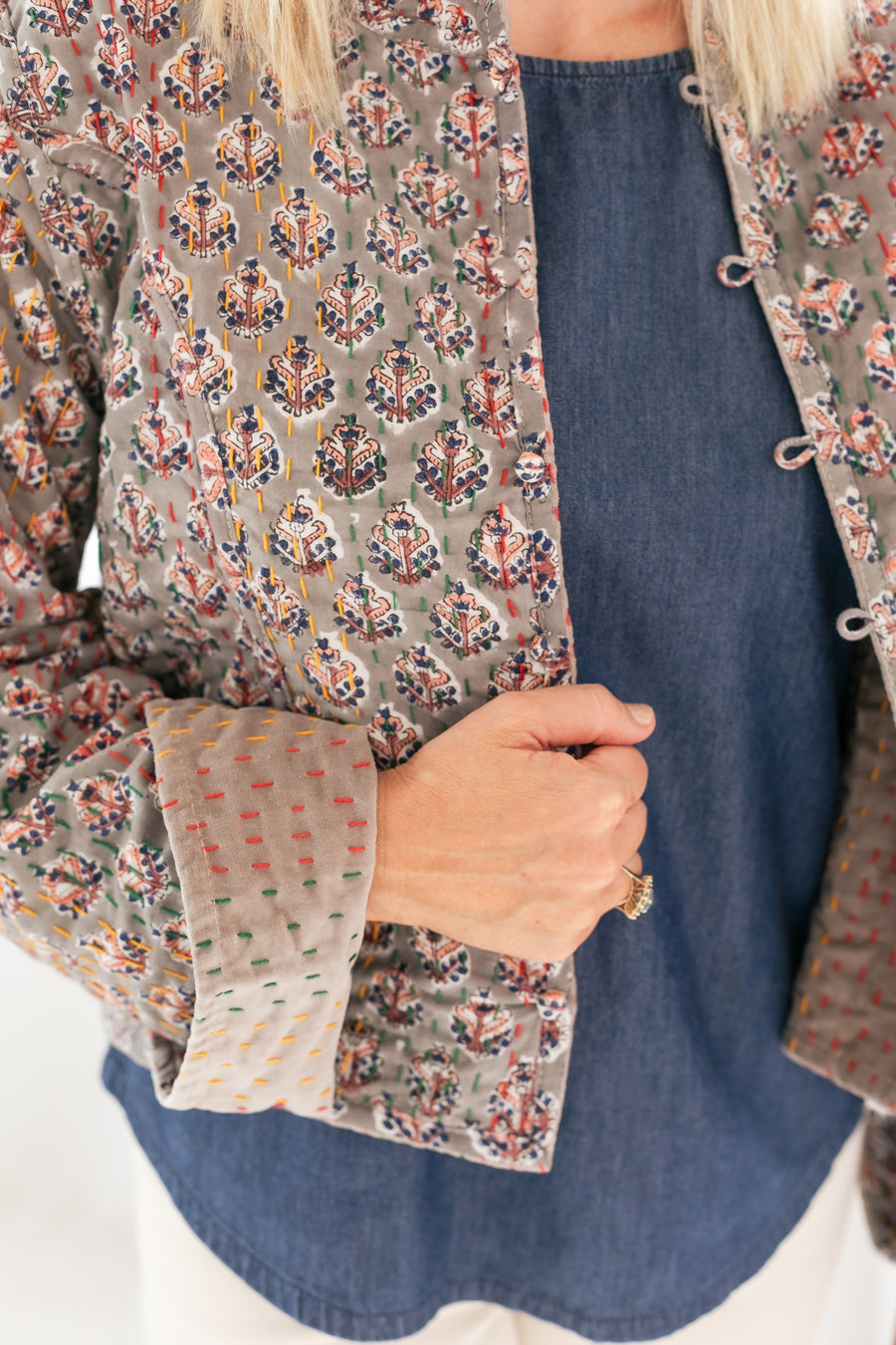 Gray Velvet & Block Print Kantha Jacket