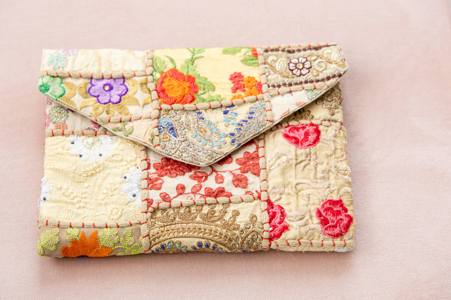 Tan Patchwork Envelope Clutch