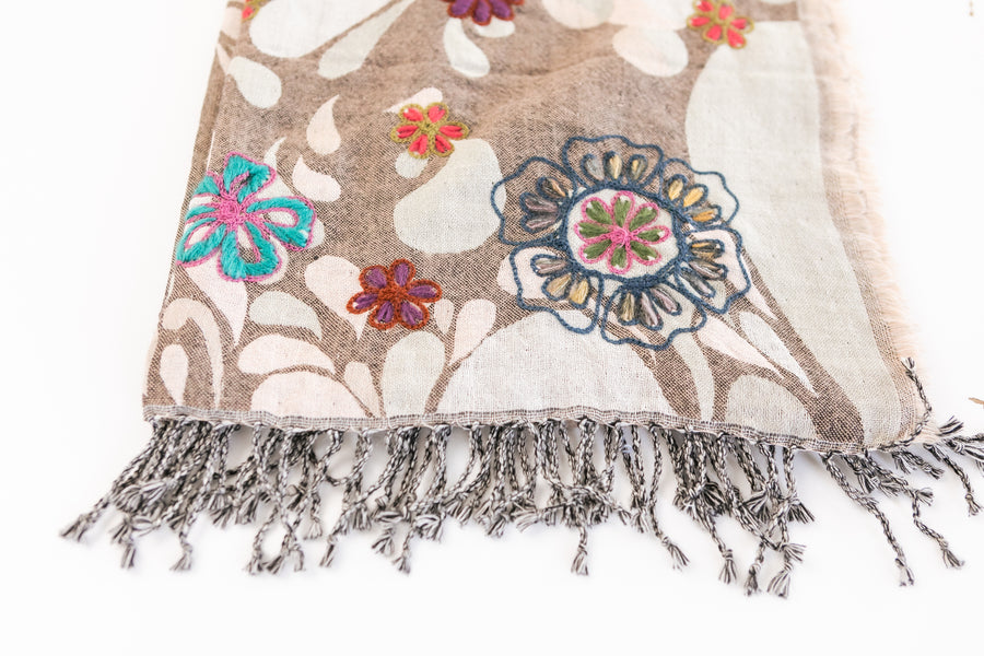 Fringed Woven Embroidered Wool Wrap