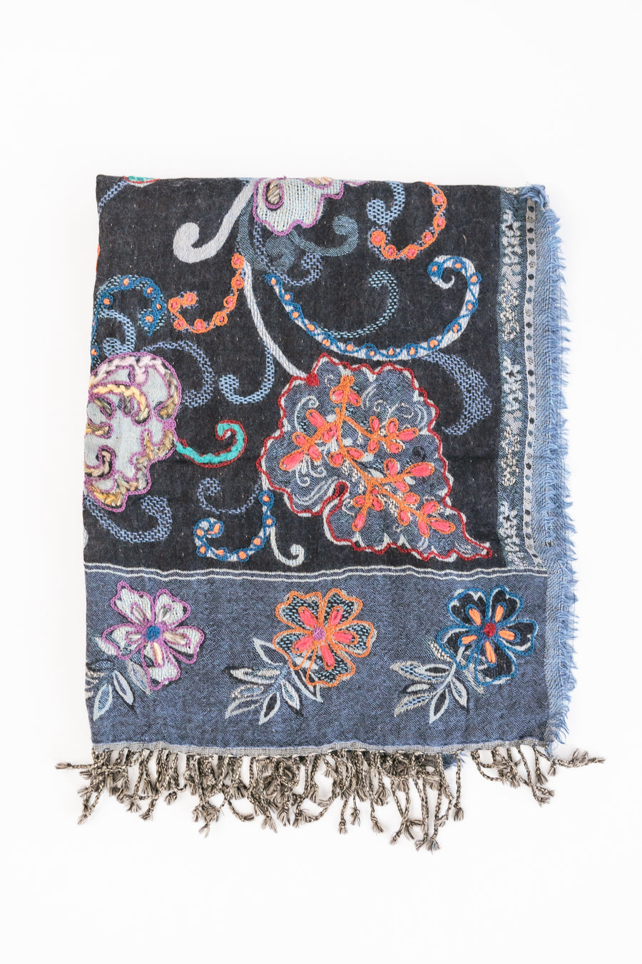 Fringed Woven Embroidered Wool Wrap